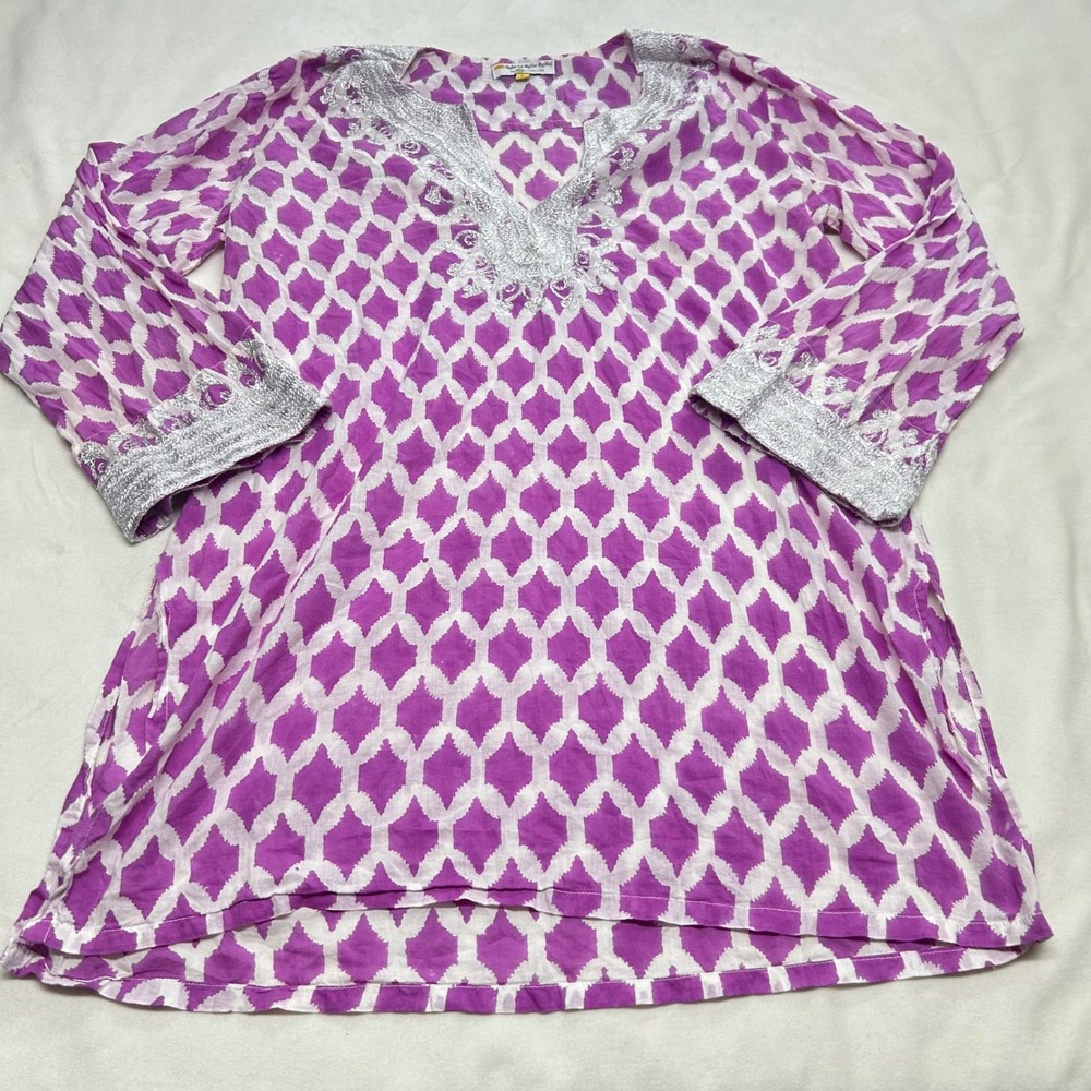 Roberta Roller Rabbit Piperlime Purple Ikat Silver Embroidered Tunic Top L